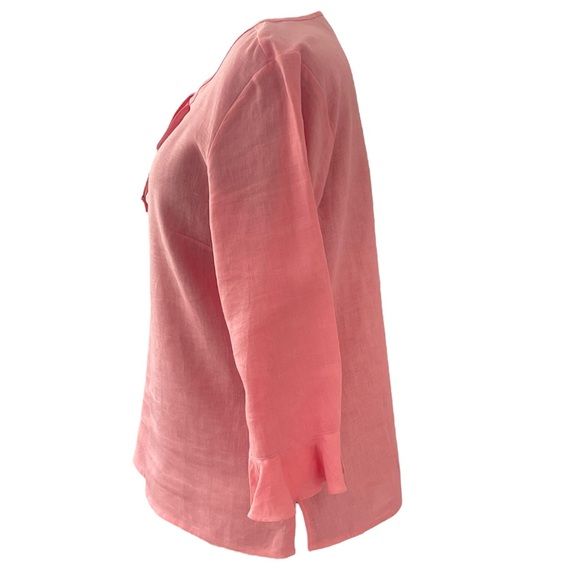 Style & Co pink peach 100% linen blouse tunic top 3/4 bell sleeve embroidered 14 - Picture 2 of 7